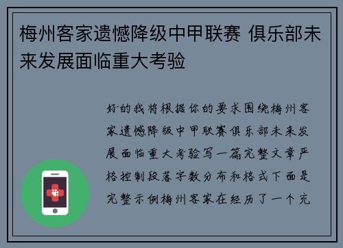 梅州客家遗憾降级中甲联赛 俱乐部未来发展面临重大考验