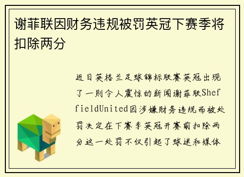 谢菲联因财务违规被罚英冠下赛季将扣除两分